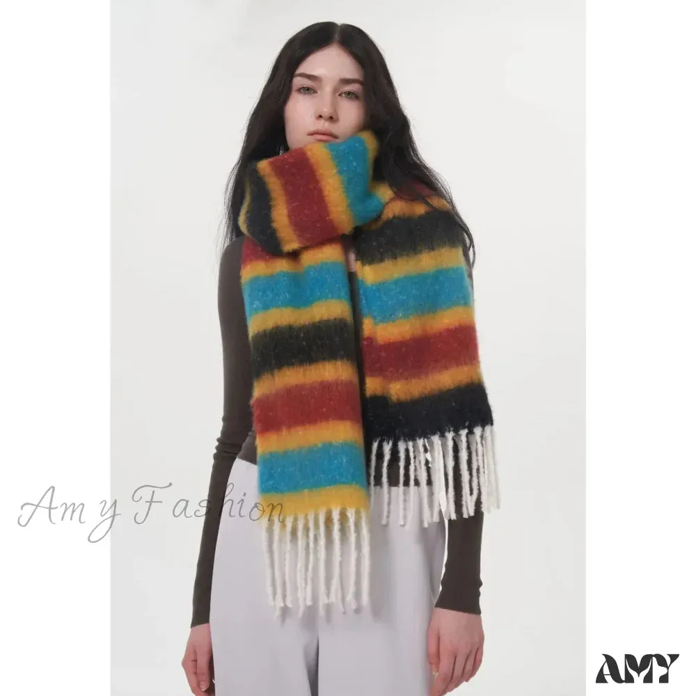 Rainbow Striped Thick Muffler Scarf for Autumn/Winter Warmth