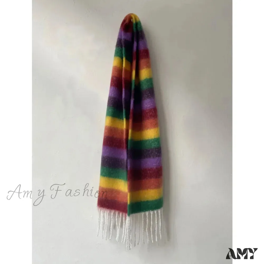 Rainbow Striped Thick Muffler Scarf for Autumn/Winter Warmth