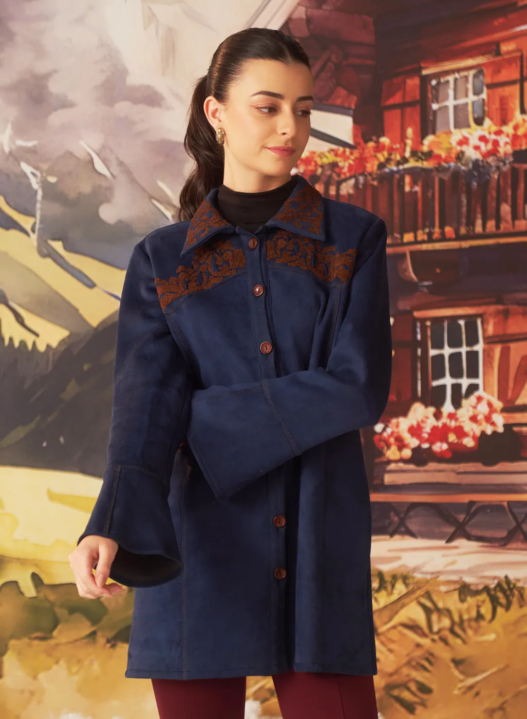 Raya Navy Embroidered Suede Shacket for Women