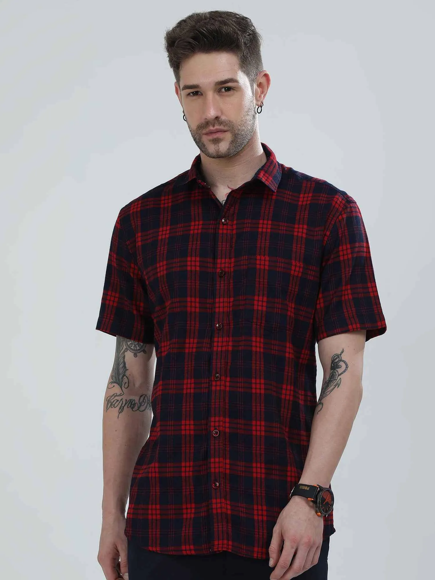 Red and Blue Indigo Cotton Check Half Shirt Men's Plus Size