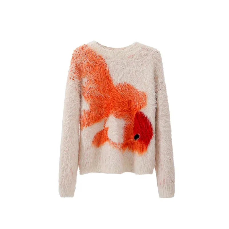 Red Koi Fish Fuzzy Sweater - Kawaii Fluffy Winter Pullover