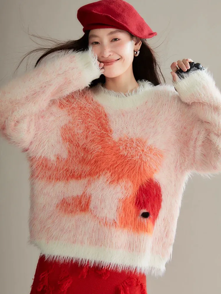 Red Koi Fish Fuzzy Sweater - Kawaii Fluffy Winter Pullover