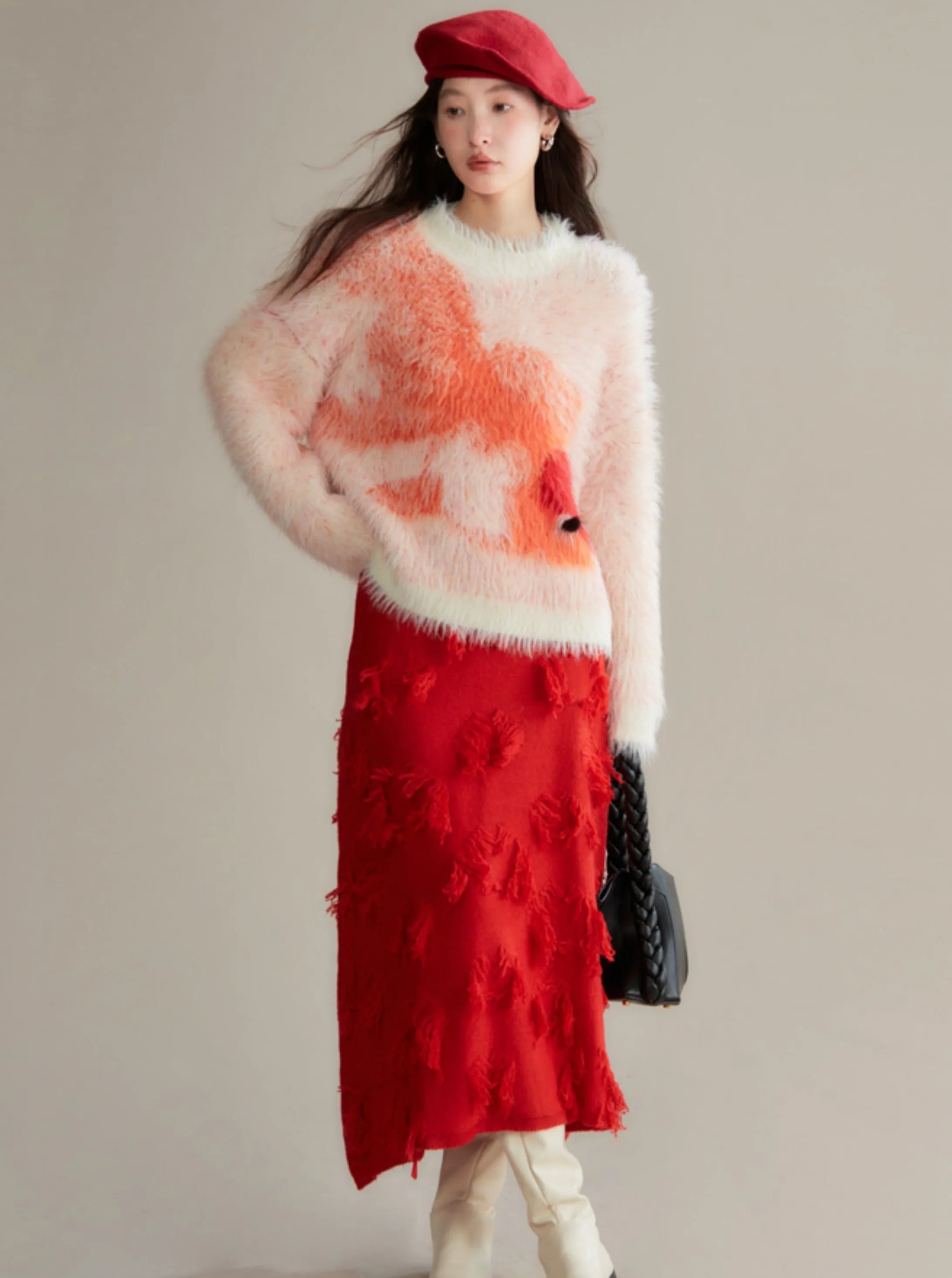 Red Koi Fish Fuzzy Sweater - Kawaii Fluffy Winter Pullover