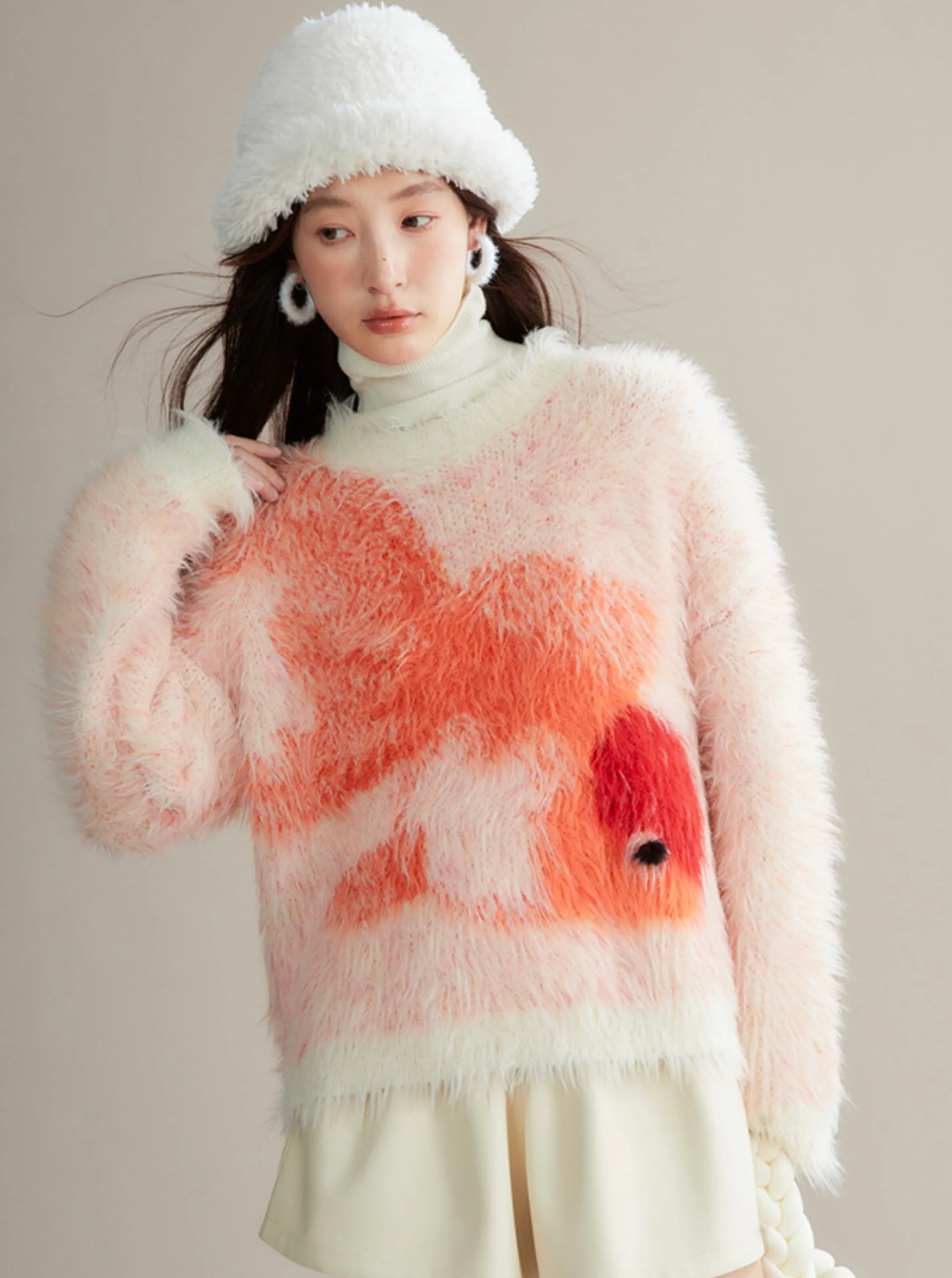 Red Koi Fish Fuzzy Sweater - Kawaii Fluffy Winter Pullover