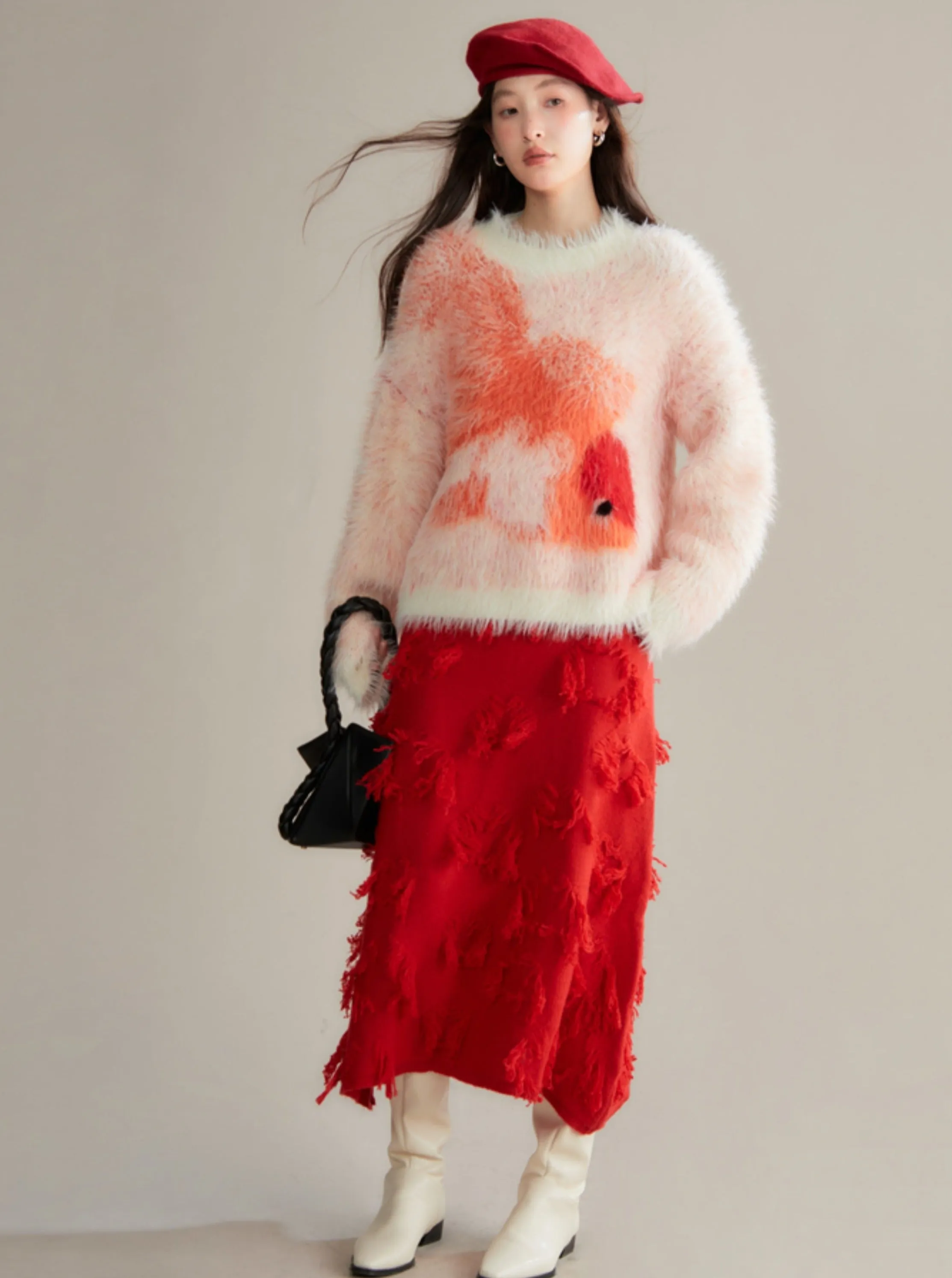 Red Koi Fish Fuzzy Sweater - Kawaii Fluffy Winter Pullover