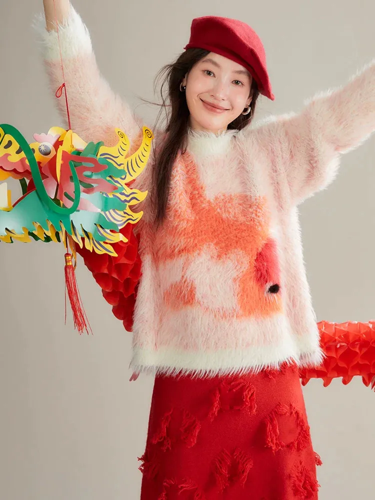 Red Koi Fish Fuzzy Sweater - Kawaii Fluffy Winter Pullover