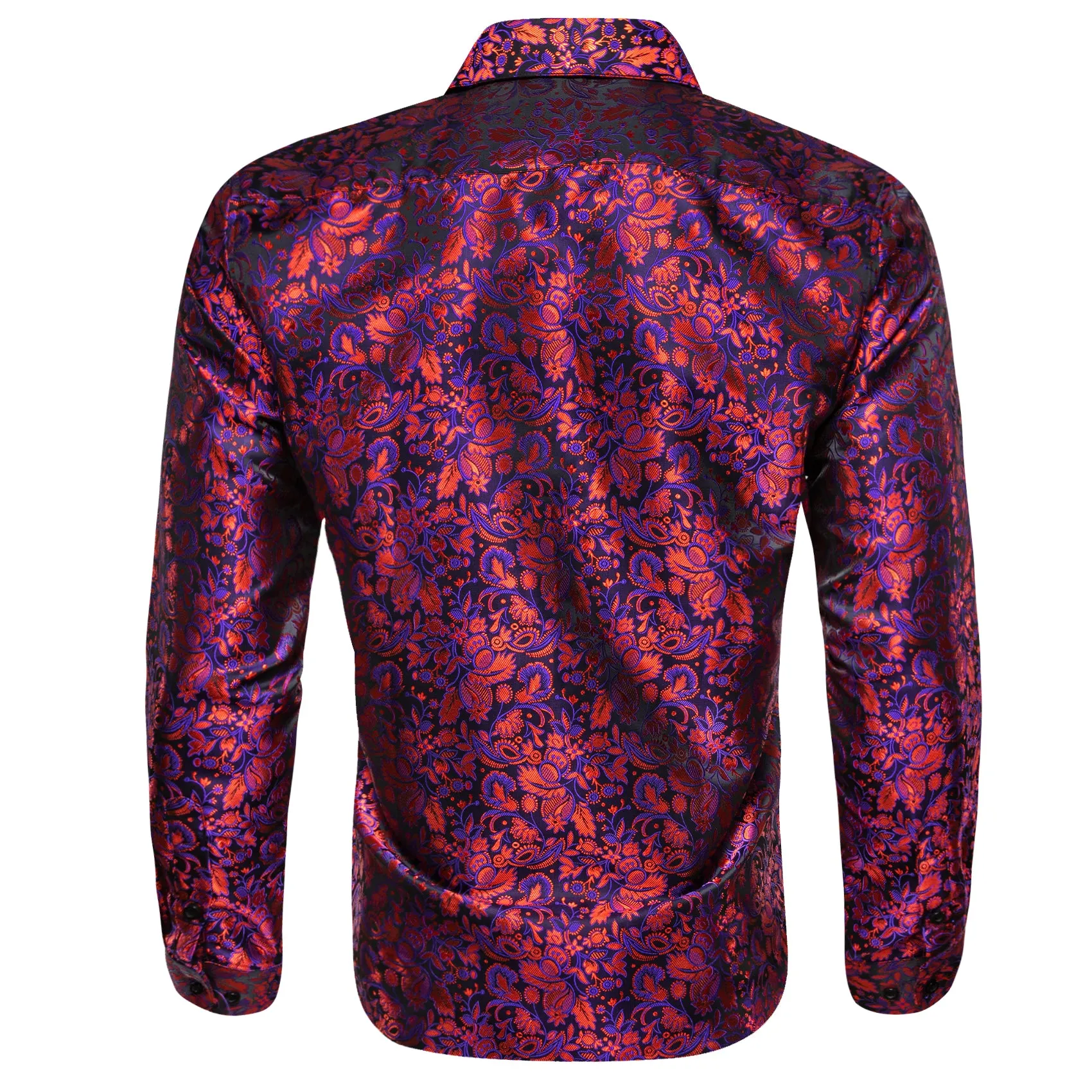 Red Purple Paisley Flower Pattern Silk Men's Long Sleeve Shirt