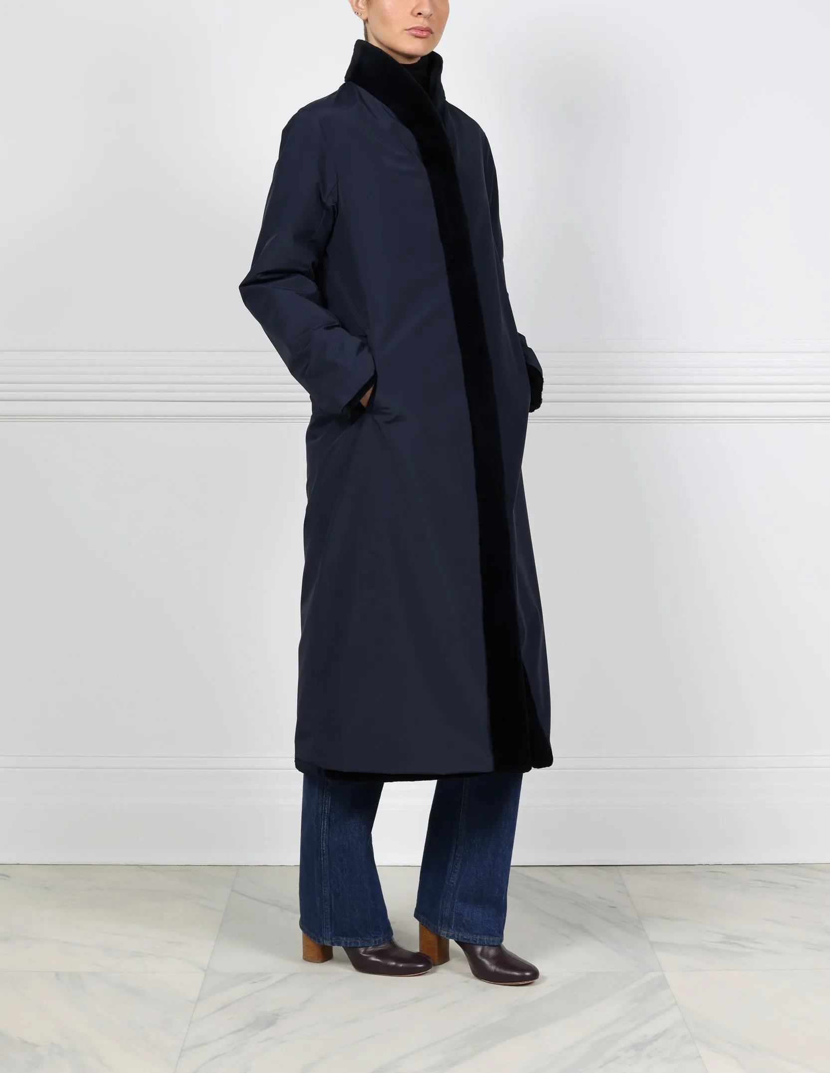 Reversible Horizontal Sheared Mink Stormcoat in Navy