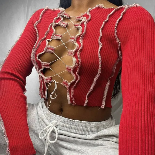 Ribbed Streetwear Hollow Out Gothic Sexy Cross Lace Up Crop Top Long Sleeve