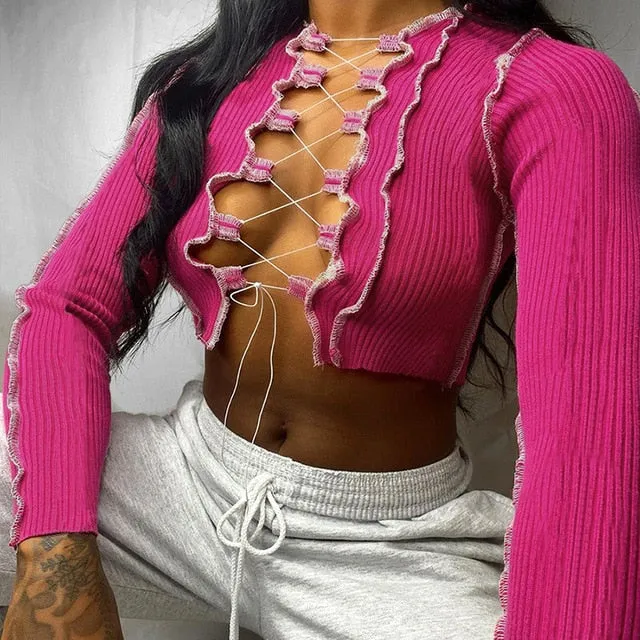 Ribbed Streetwear Hollow Out Gothic Sexy Cross Lace Up Crop Top Long Sleeve