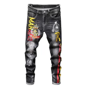 Ripped with Anchor Crown Patched Stripe Printed Men Jeans