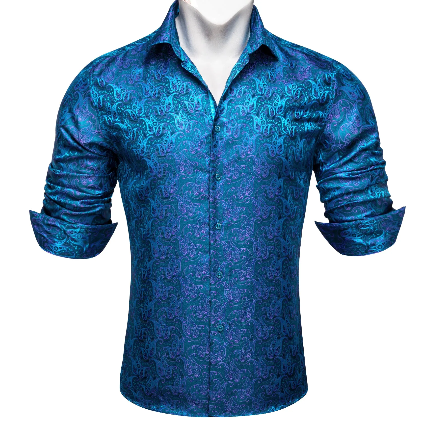 RoyalBlue Purple Paisley Flower Pattern Silk Men's Long Sleeve Shirt