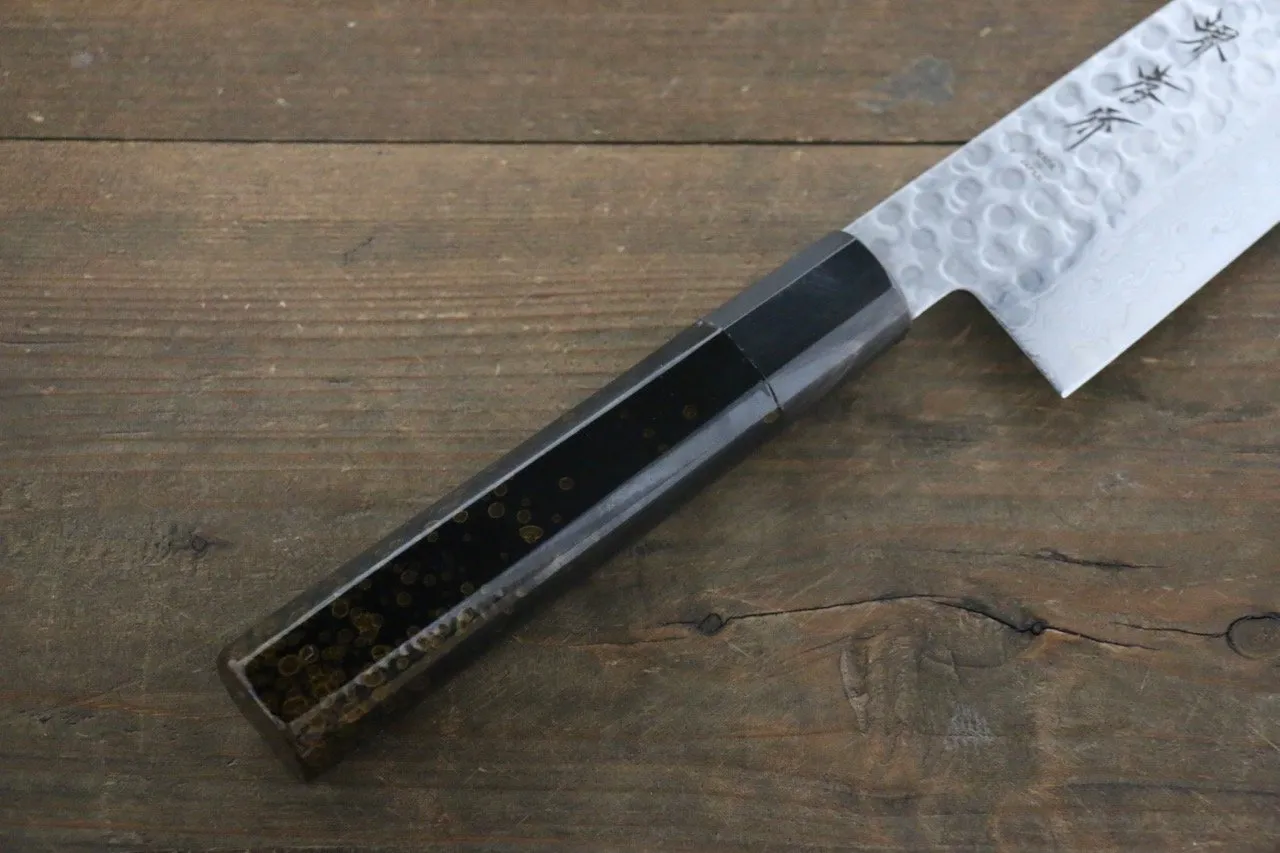 Sakai Takayuki AUS10 45 Layer Damascus Hammered Gyuto 240mm Gold Lacquered Handle with Sheath