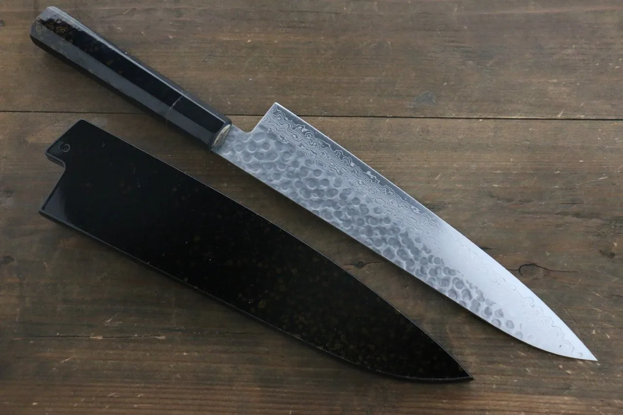 Sakai Takayuki AUS10 45 Layer Damascus Hammered Gyuto 240mm Gold Lacquered Handle with Sheath