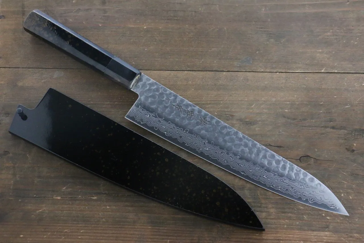 Sakai Takayuki AUS10 45 Layer Damascus Hammered Gyuto 240mm Gold Lacquered Handle with Sheath