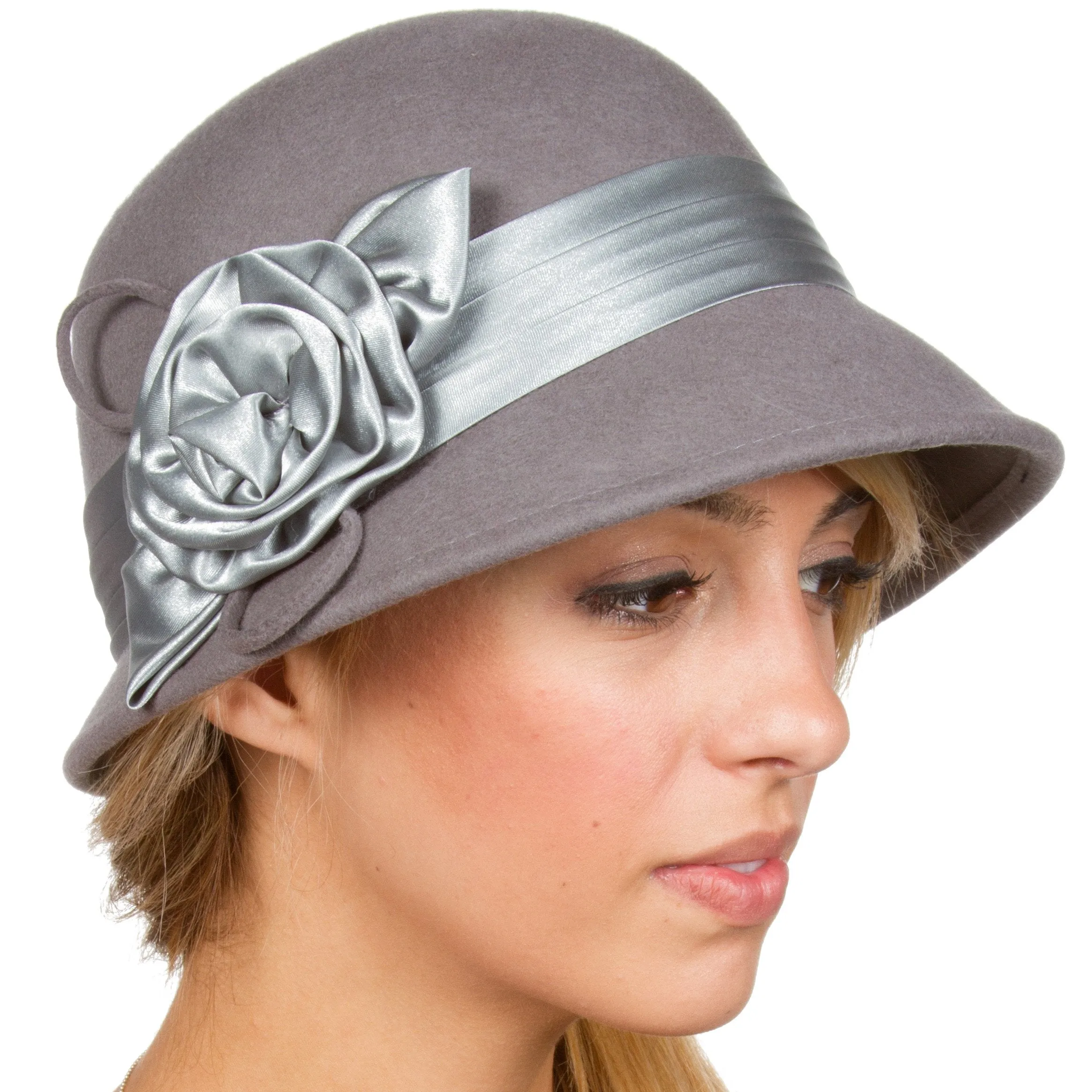 Sakkas Marilyn Vintage Style Wool Cloche Bucket Winter Hat with Satin Flower