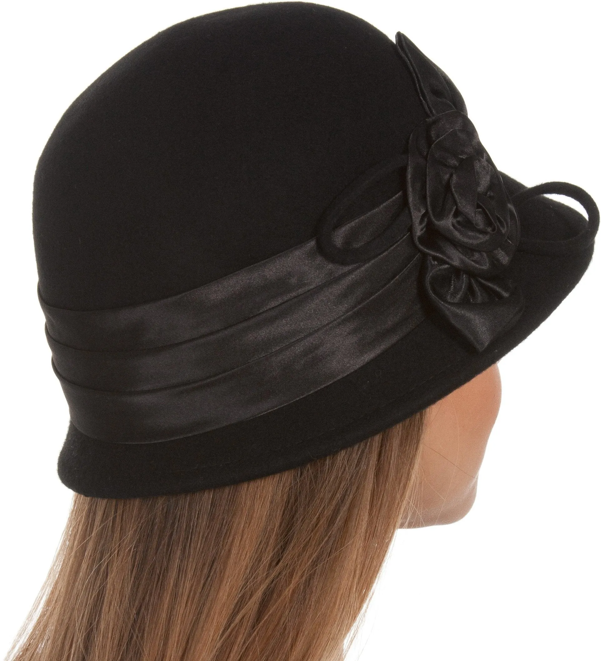 Sakkas Marilyn Vintage Style Wool Cloche Bucket Winter Hat with Satin Flower