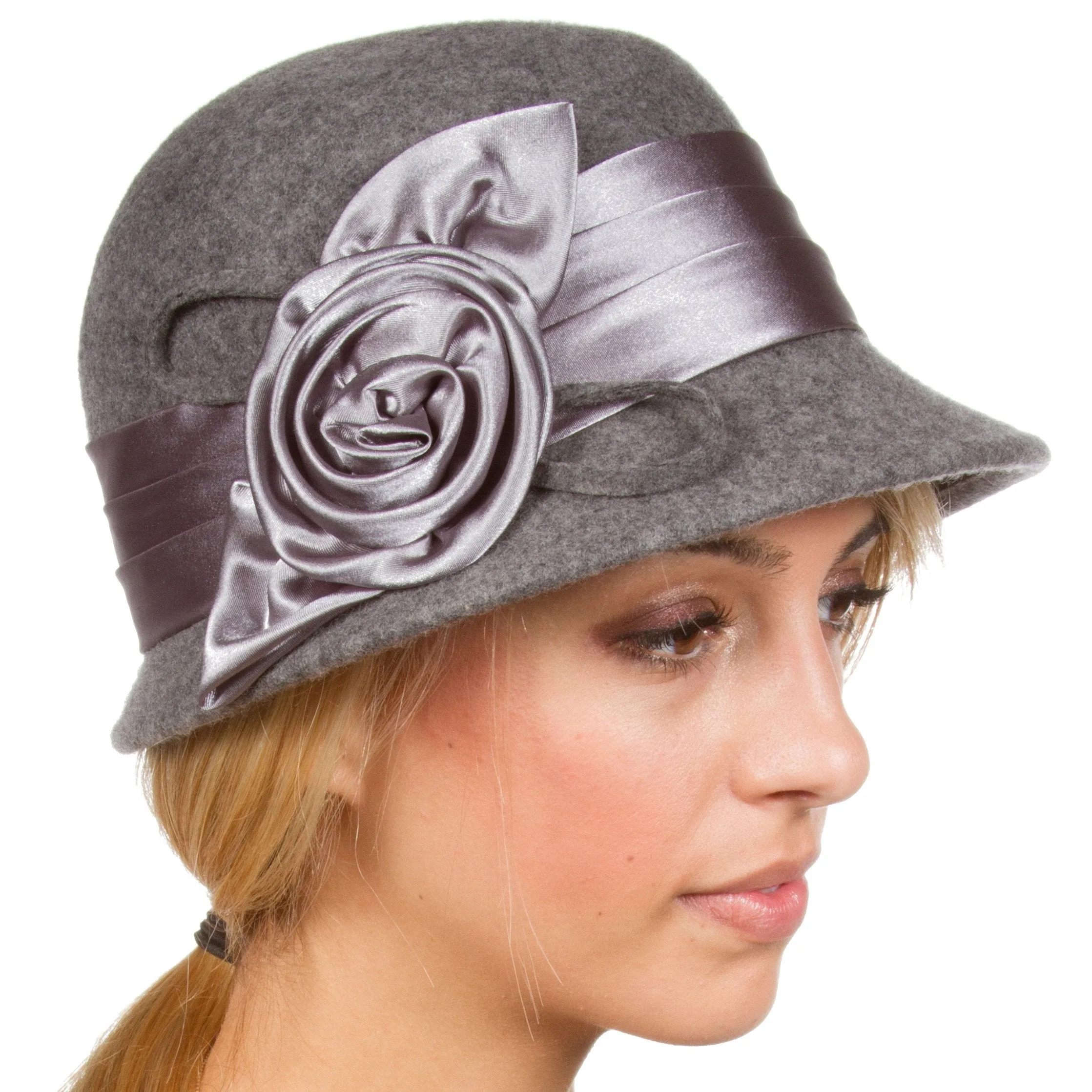 Sakkas Marilyn Vintage Style Wool Cloche Bucket Winter Hat with Satin Flower