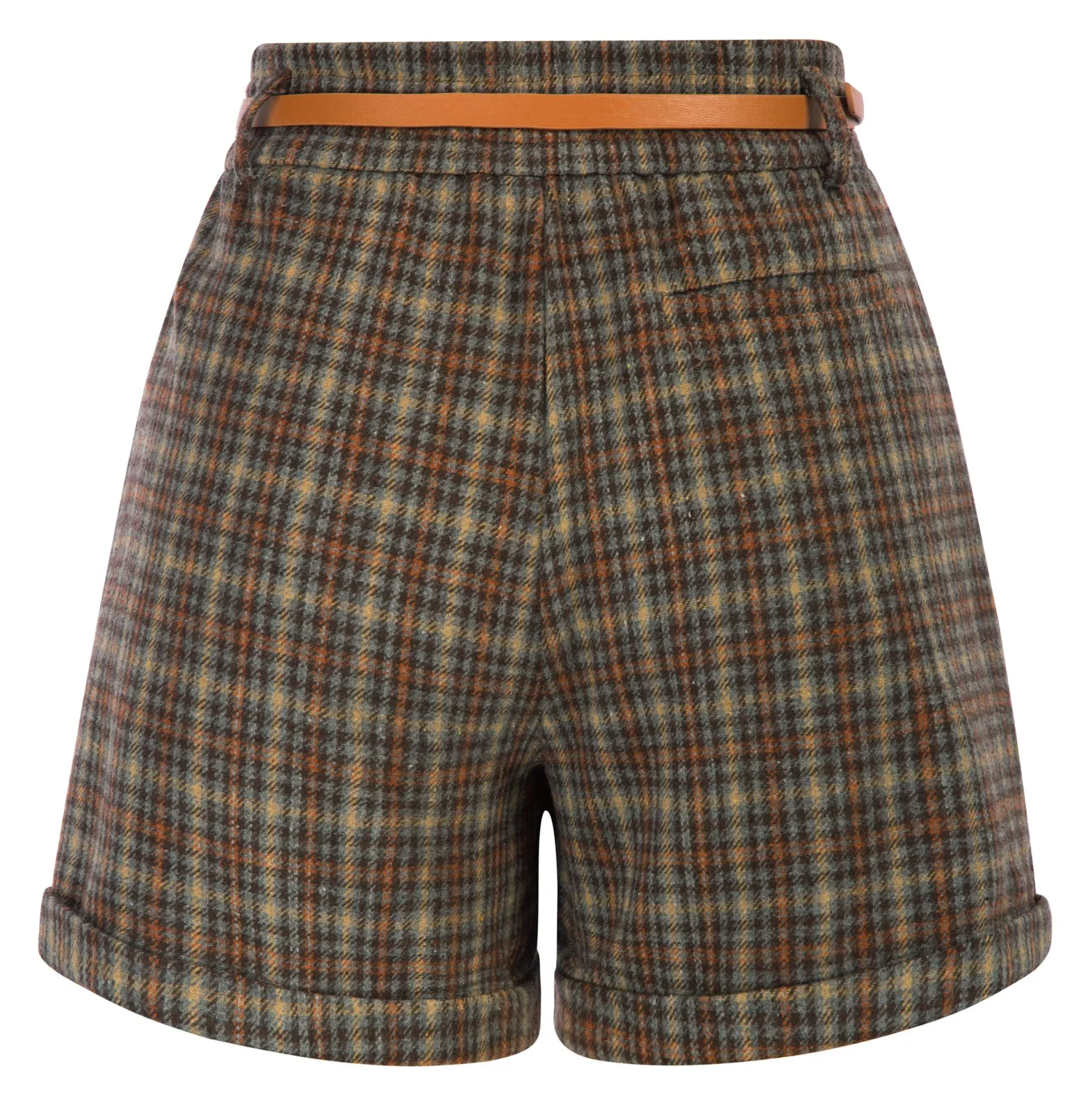 Seckill Offer⌛Plaided Shorts with Belt Elastic Waist Fold-over Leg Opening Shorts