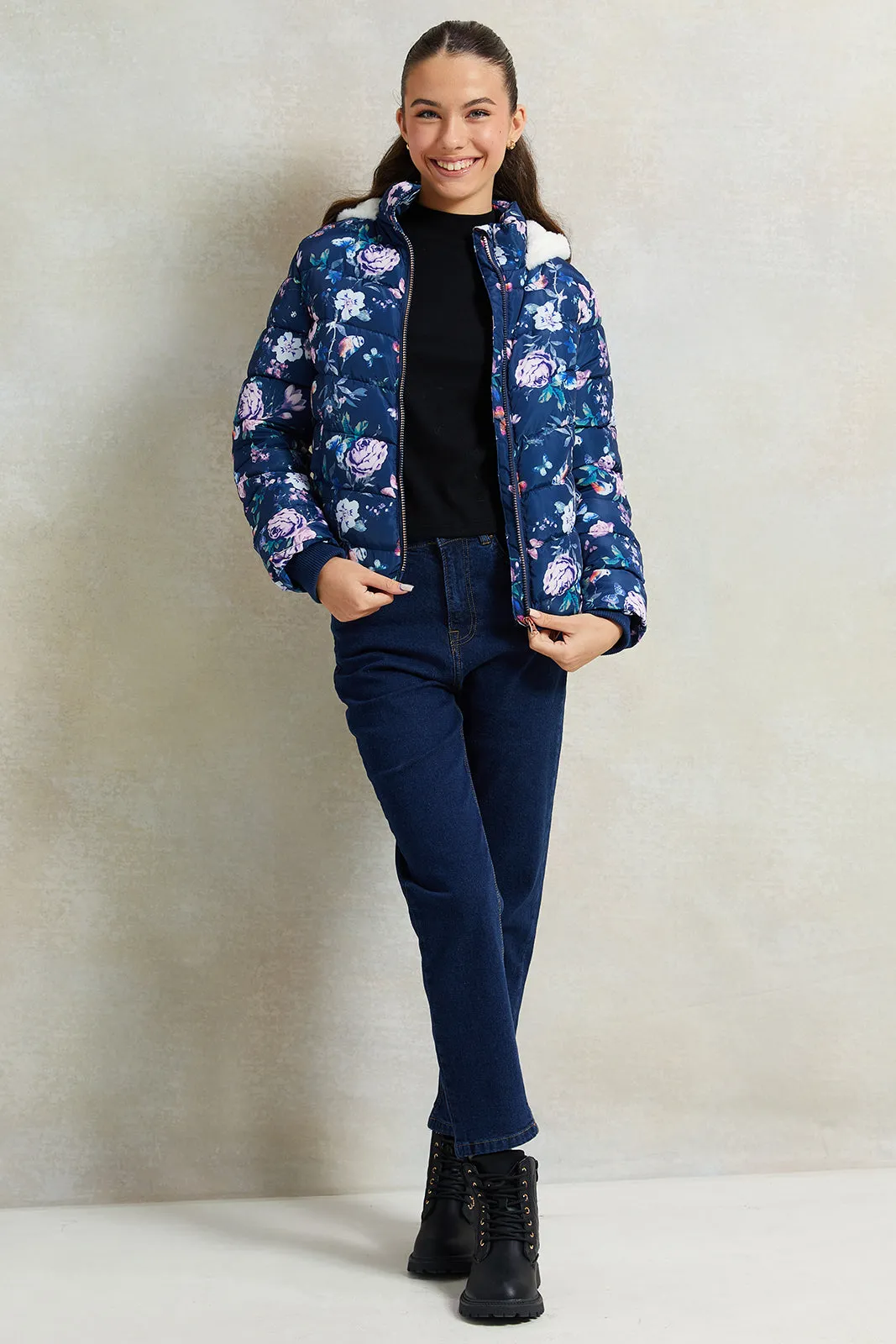 Senior Girls Navy Floral Print Hooded Padded Jacket