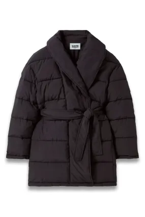 Shawl-collar belted-waist quilted shell puffer