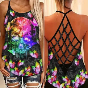 Skull Butterfly Neon Rainbow Criss-Cross Open Back Tank Top