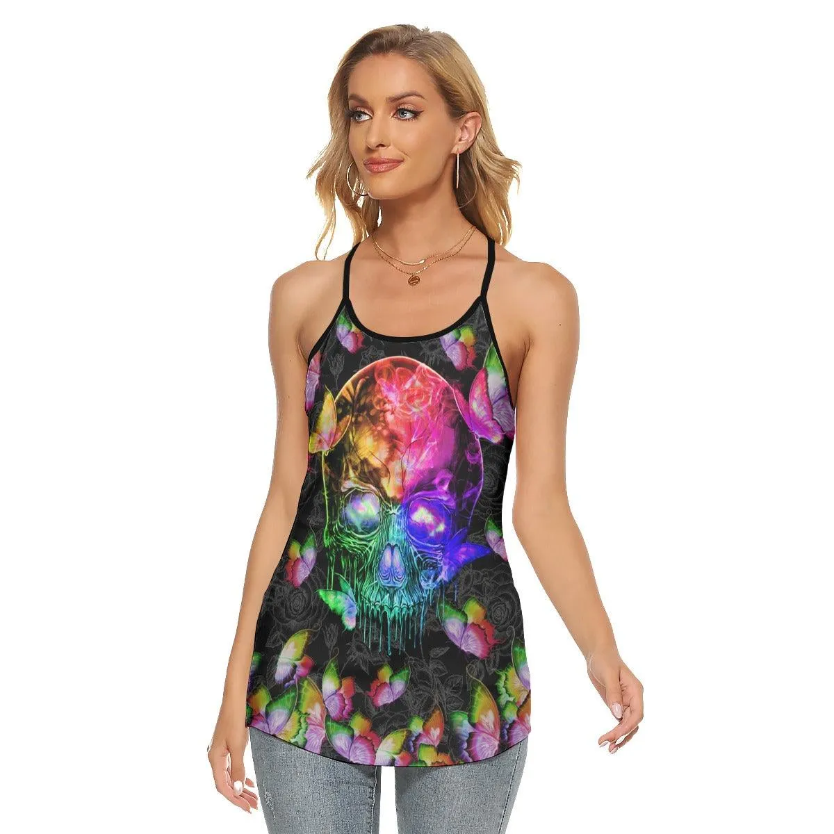 Skull Butterfly Neon Rainbow Criss-Cross Open Back Tank Top