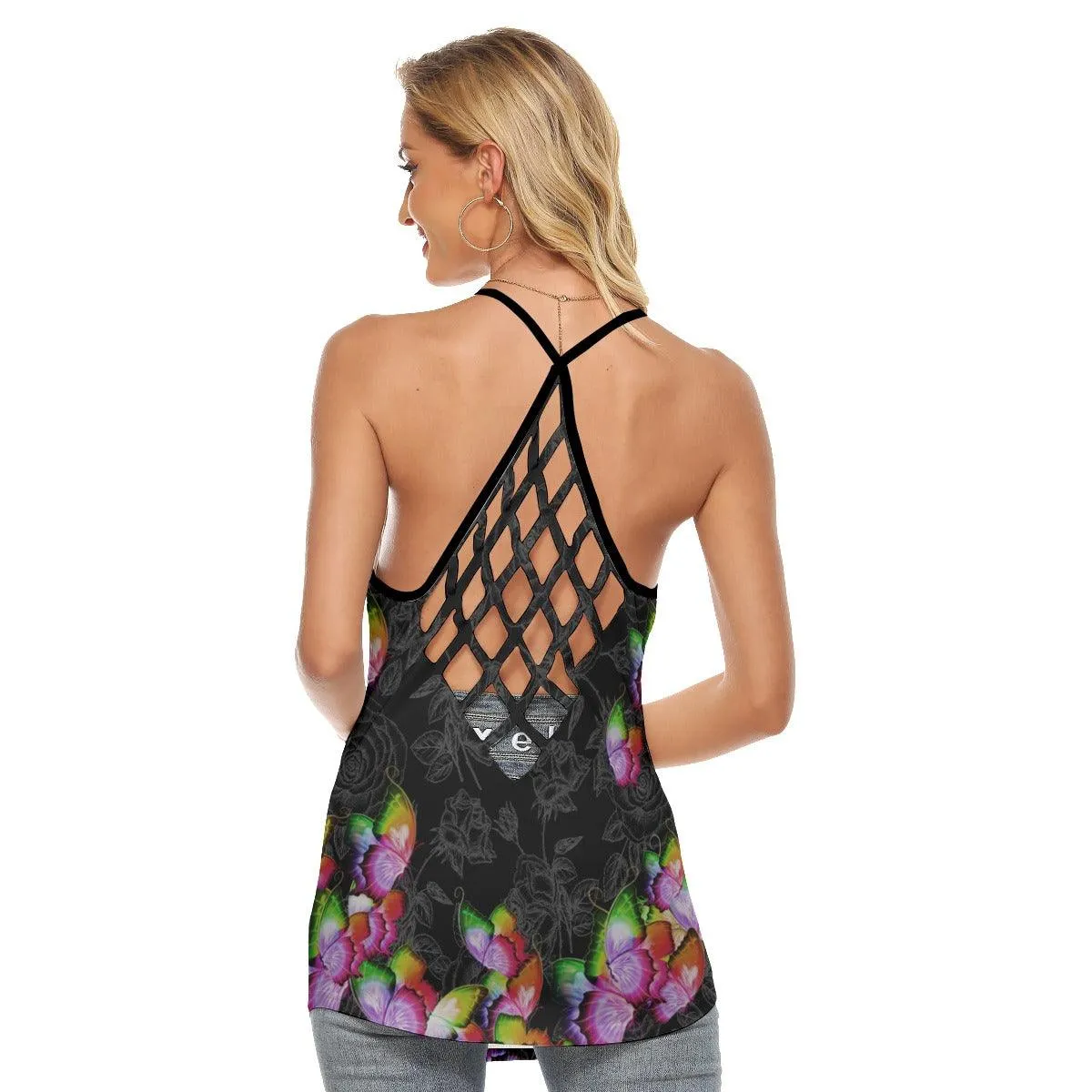 Skull Butterfly Neon Rainbow Criss-Cross Open Back Tank Top