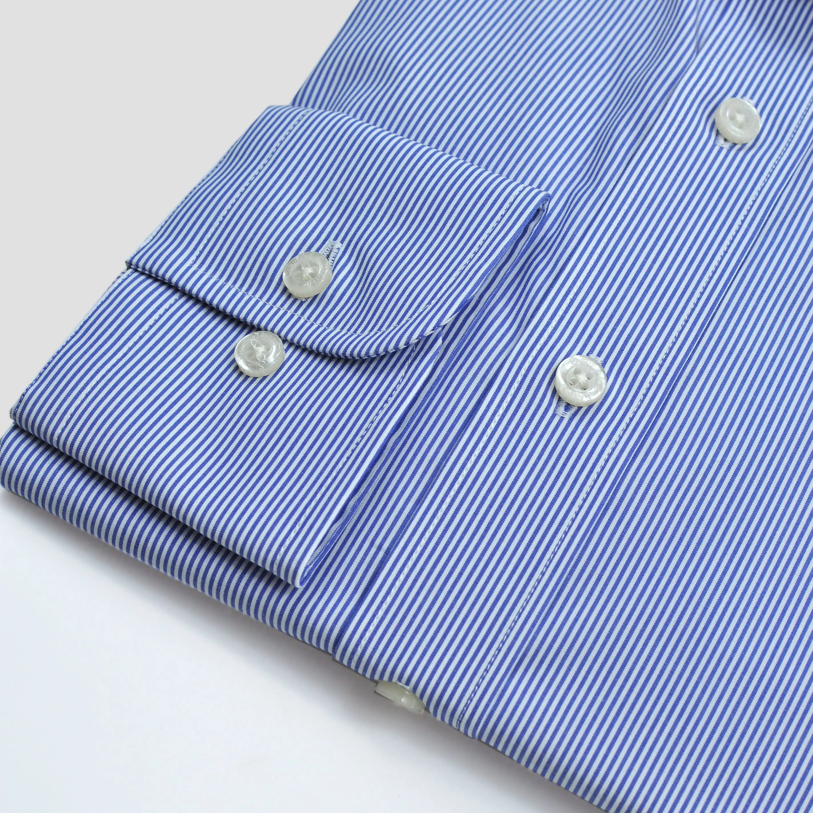 Spread Collar City Stripe Cotton Shirt in Blue