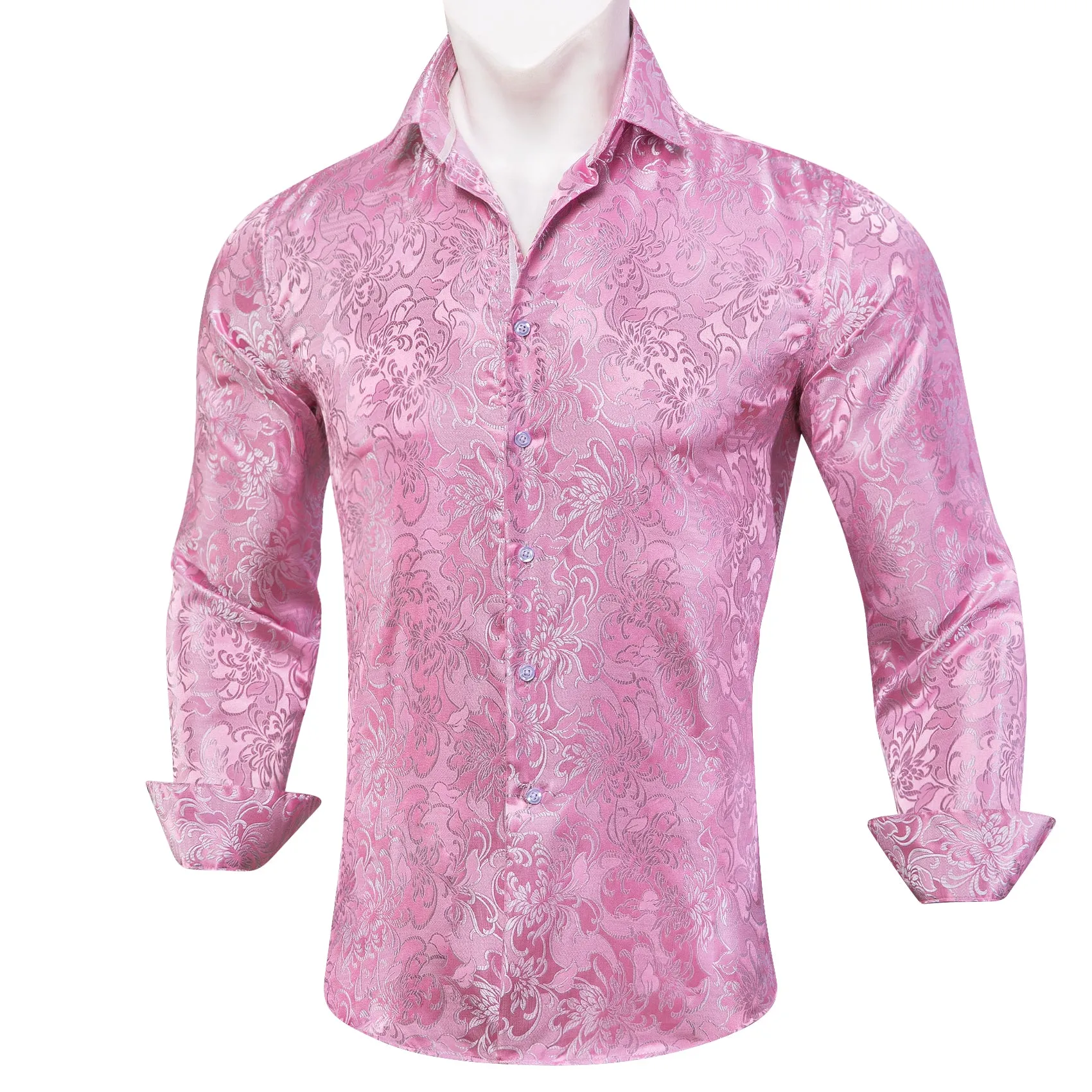 Spring Pink Floral Silk Men's Long Sleeve Shirt