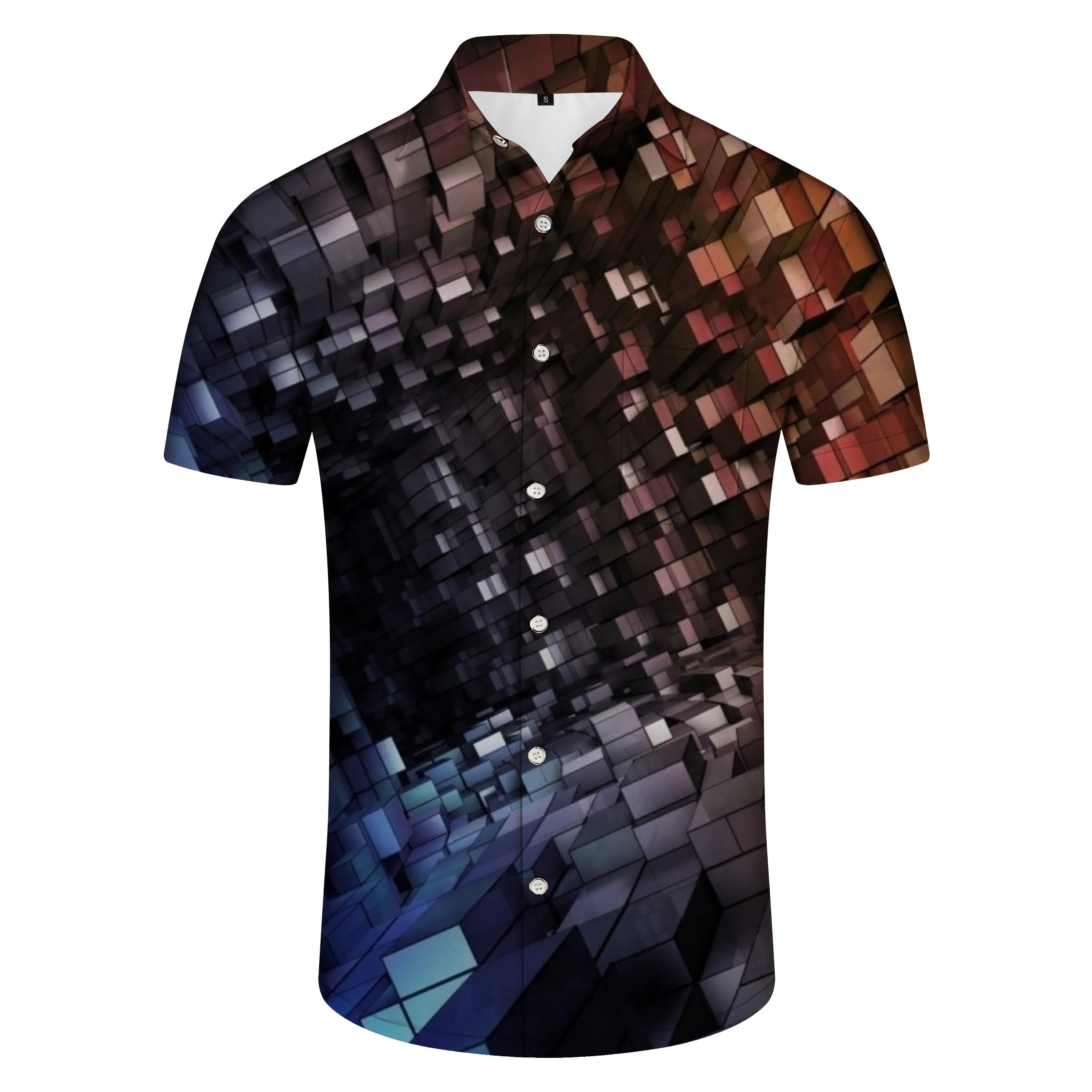 Square Mixed Color Space Print Hawaiian Button Men's Daily Summer Shirt Short Sleeve