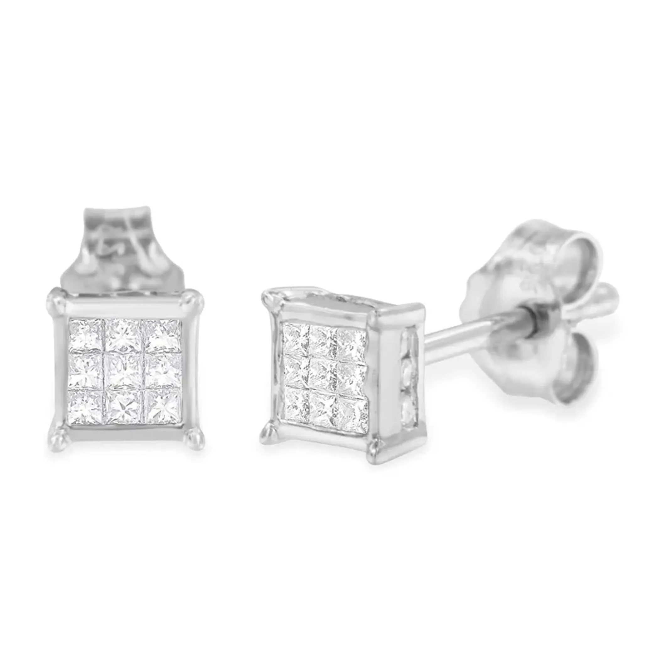 Sterling Silver Princess Cut Diamond Square Stud Earrings (.3 cttw, H-I Color, I1-I2 Clarity)