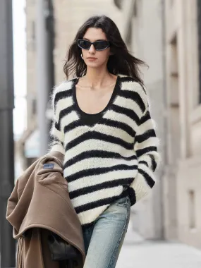 Striped V-neck Fluffy Sweater