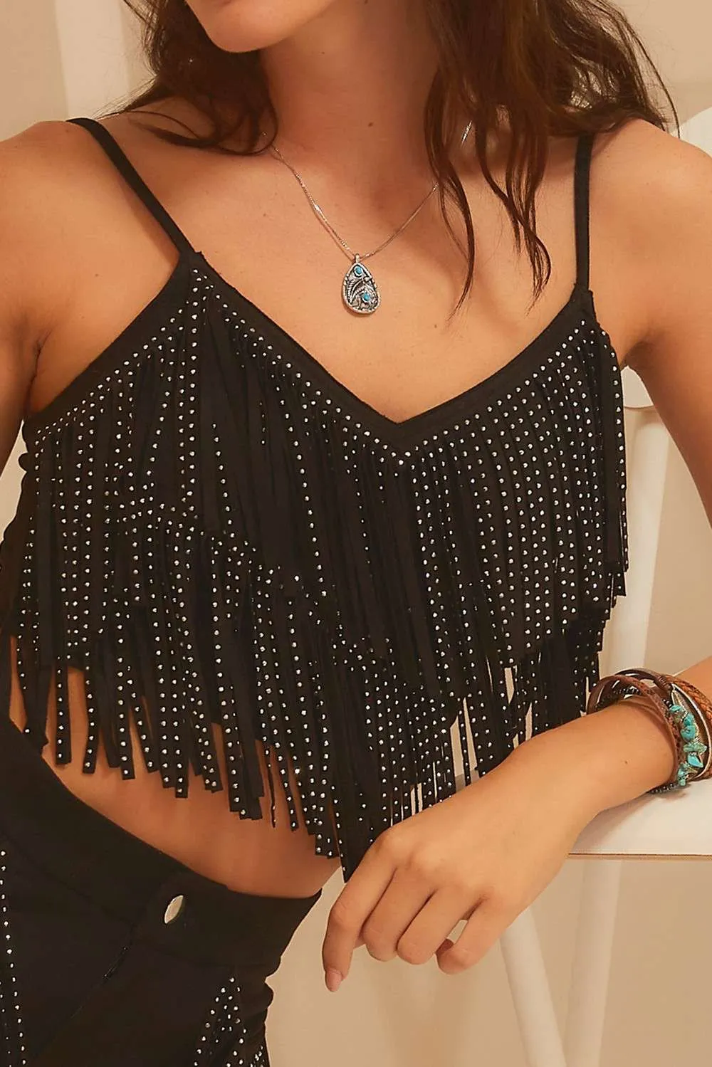 Stud Fringe Suede Crop Top