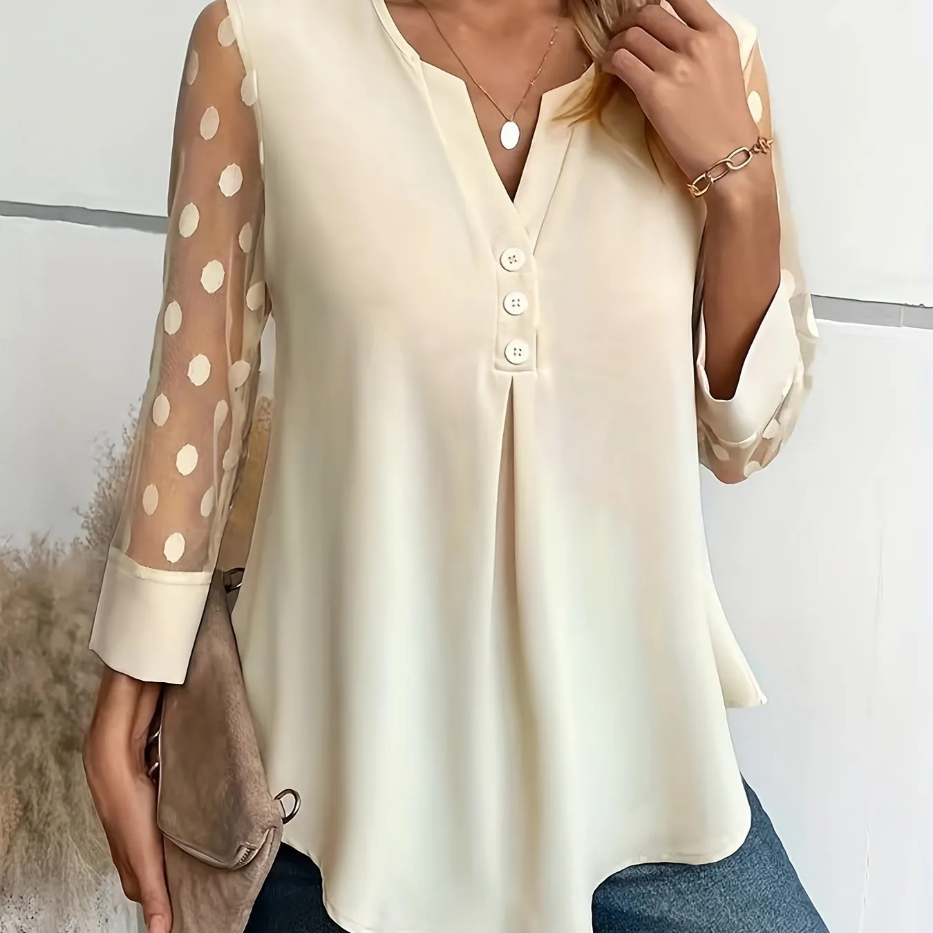 Stylish Notched Neck Blouse Elegant ButtonFront Long Sleeve