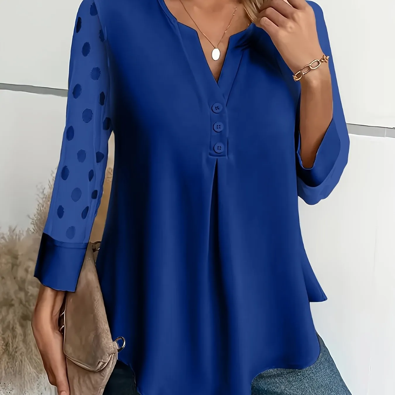 Stylish Notched Neck Blouse Elegant ButtonFront Long Sleeve