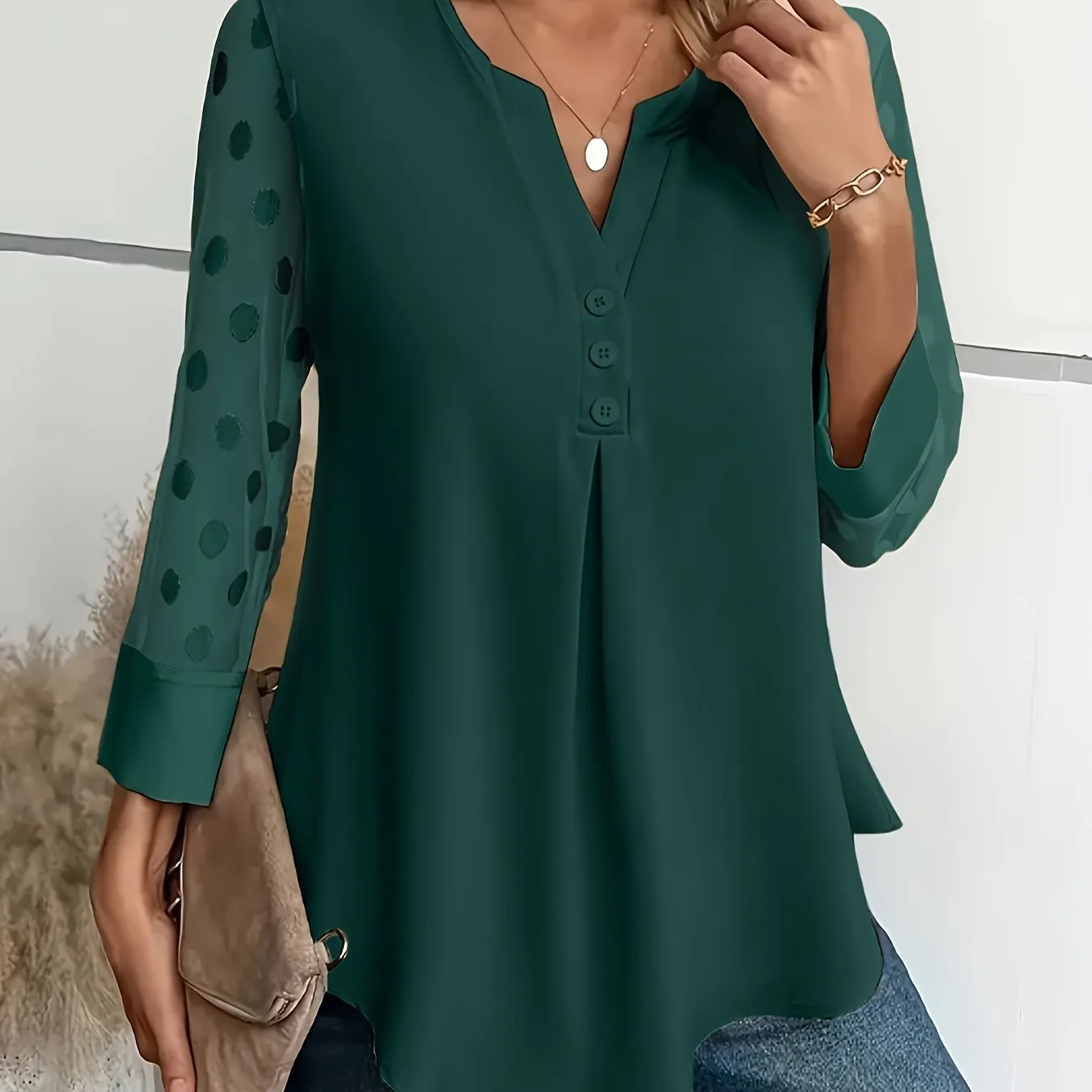 Stylish Notched Neck Blouse Elegant ButtonFront Long Sleeve