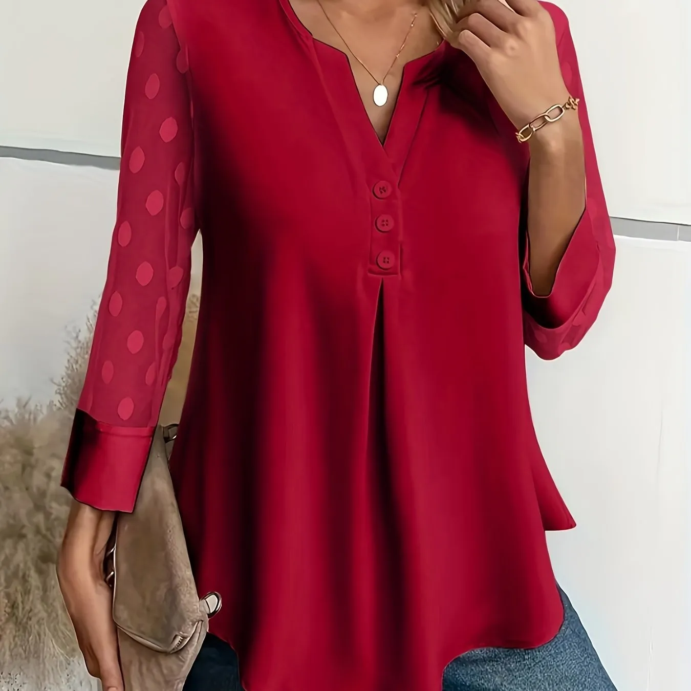 Stylish Notched Neck Blouse Elegant ButtonFront Long Sleeve