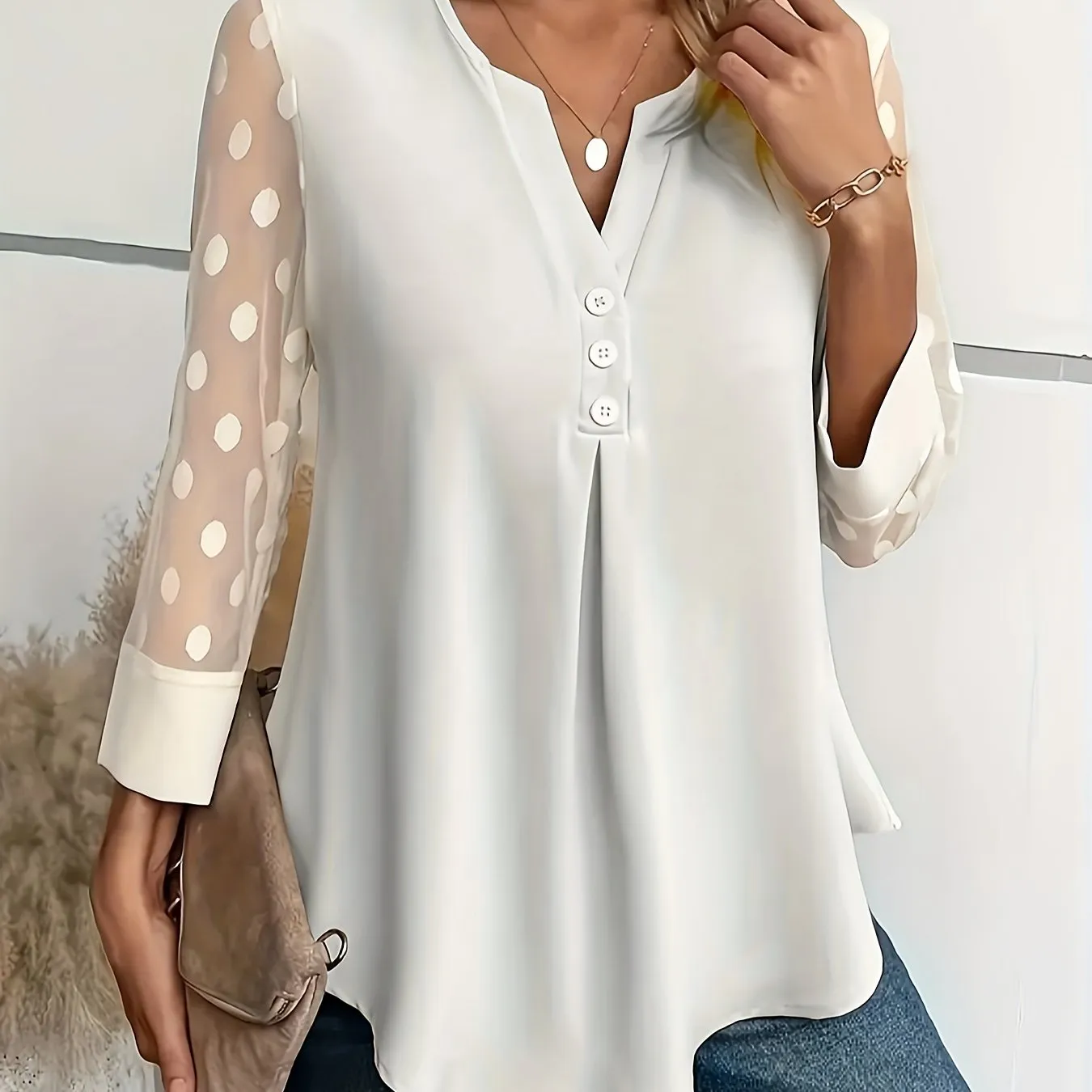 Stylish Notched Neck Blouse Elegant ButtonFront Long Sleeve