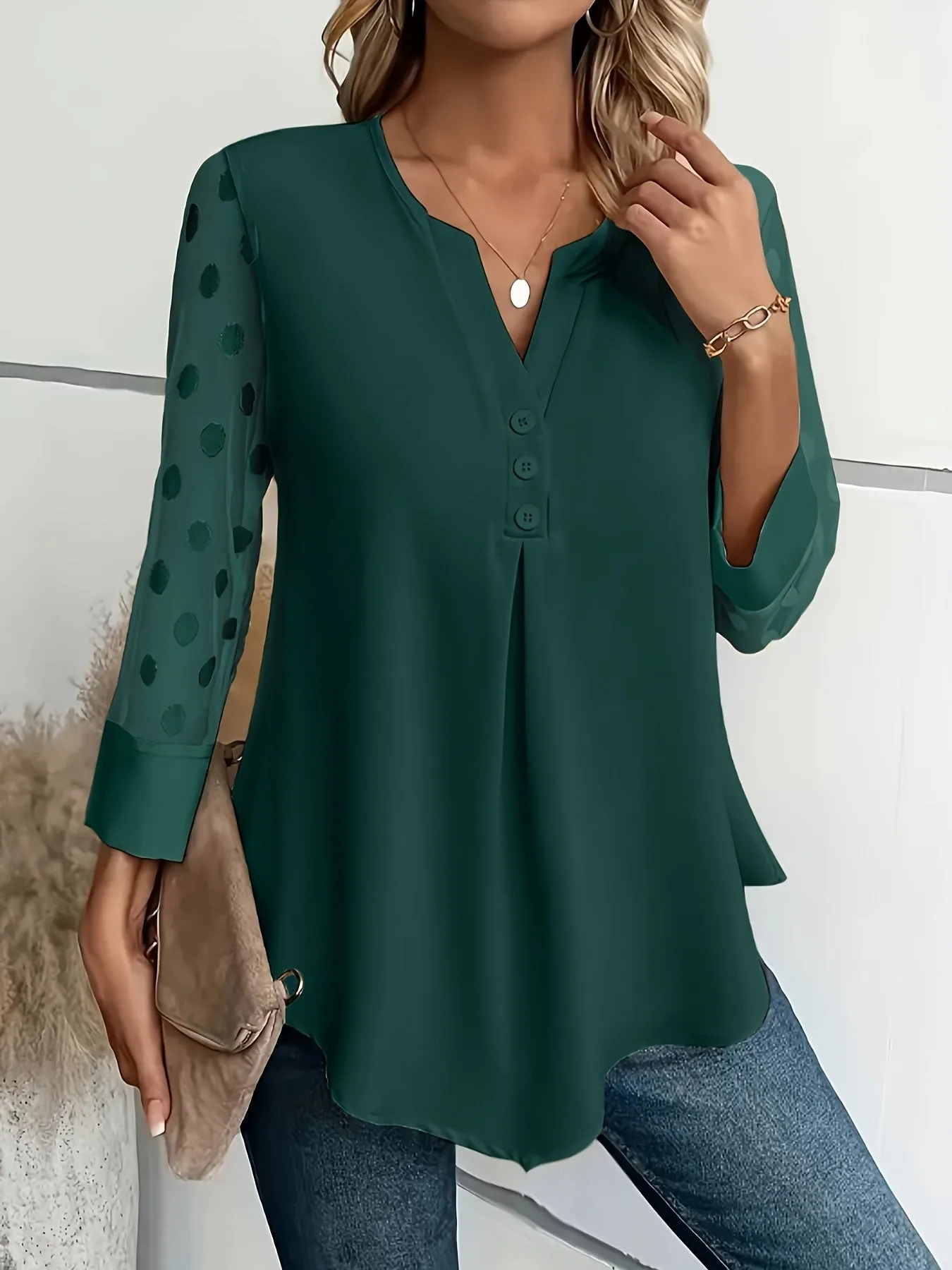 Stylish Notched Neck Blouse Elegant ButtonFront Long Sleeve