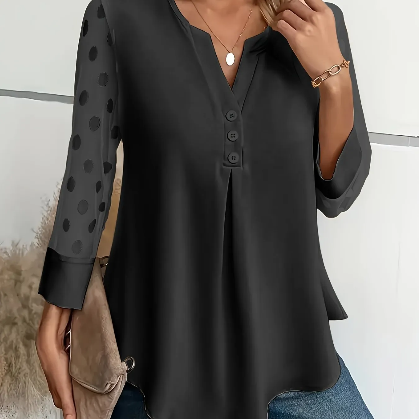 Stylish Notched Neck Blouse Elegant ButtonFront Long Sleeve