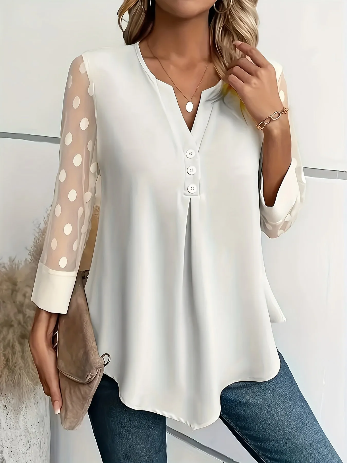 Stylish Notched Neck Blouse Elegant ButtonFront Long Sleeve