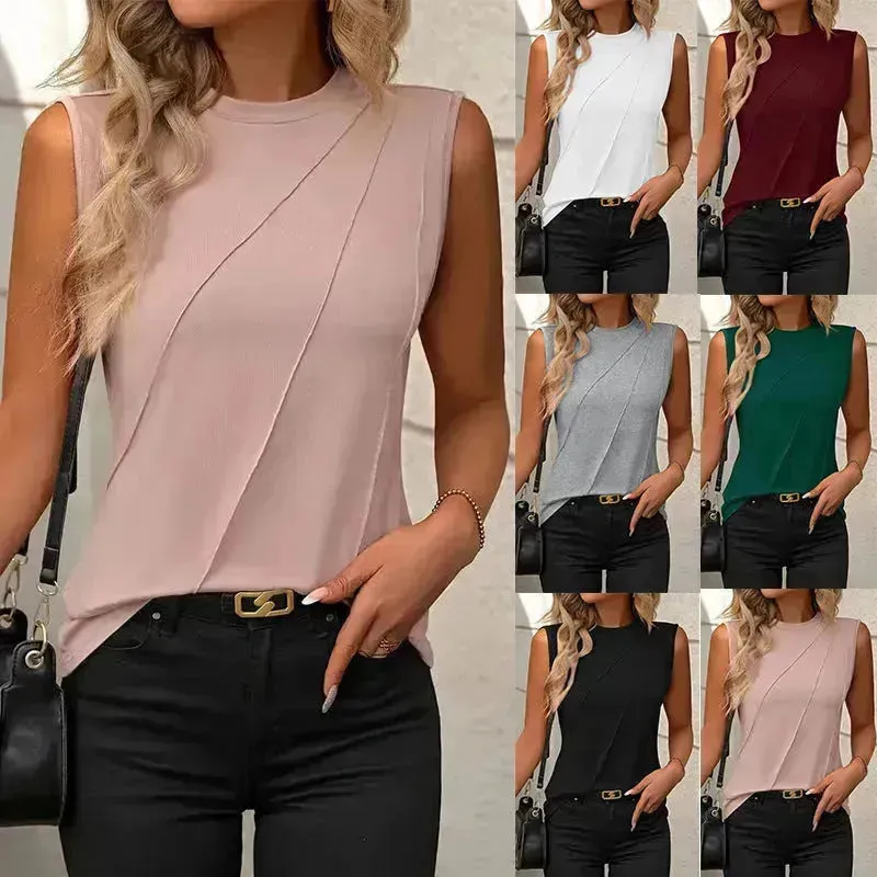 Summer Women's Solid Color Round Neck Sleeveless Loose Tops for Women suitable for Work business Events Ladies Evening Tops.