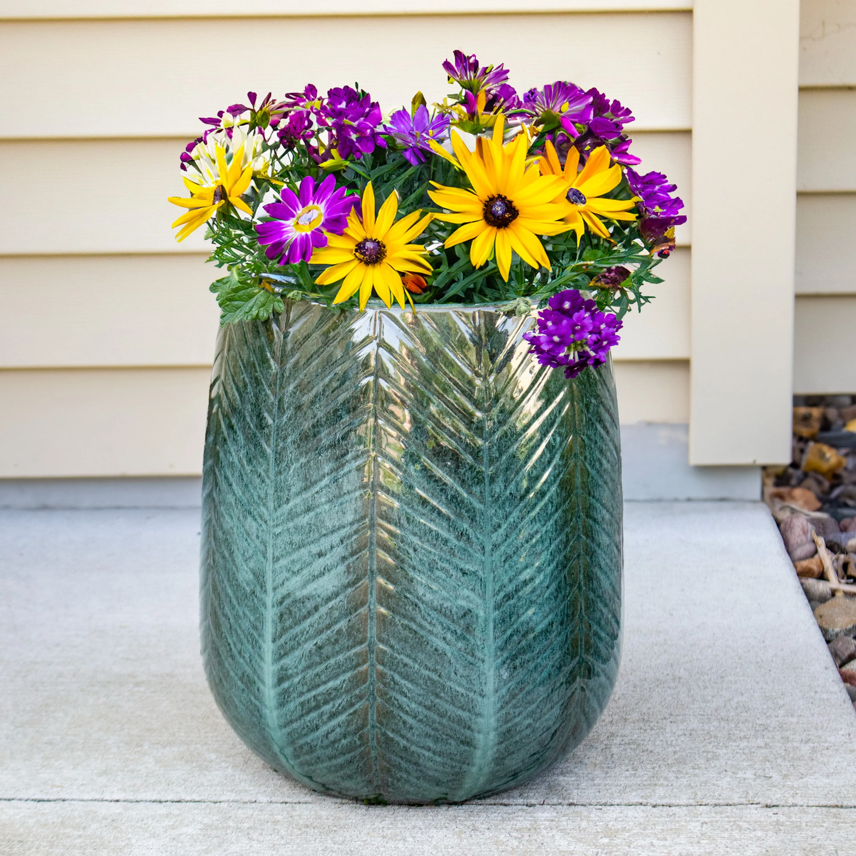 Sunnydaze 10" Ceramic Plant Pot - Dark Olive Chevron Pattern