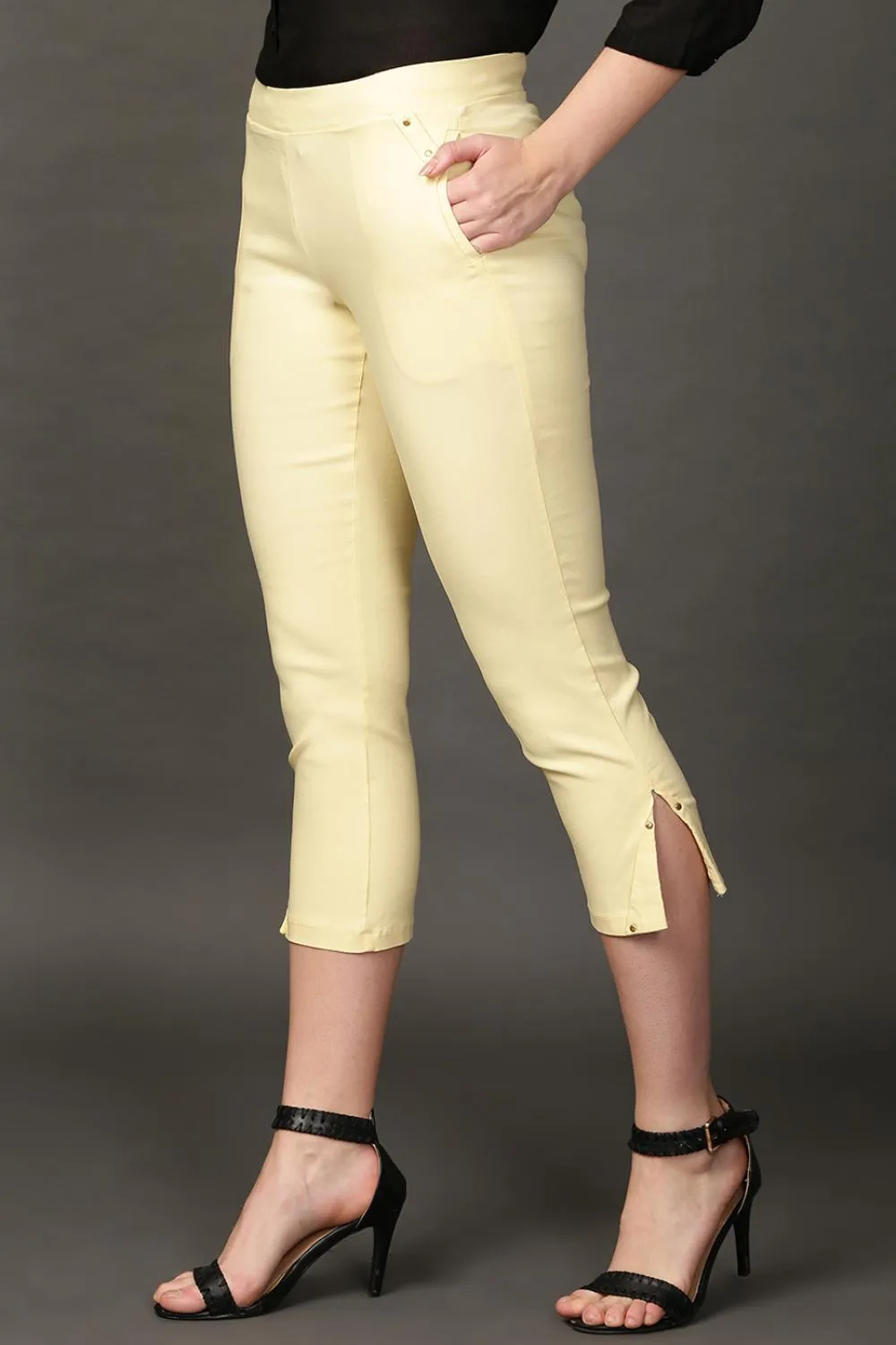 Taara Yellow Classic Fit Cotton Trousers for Women