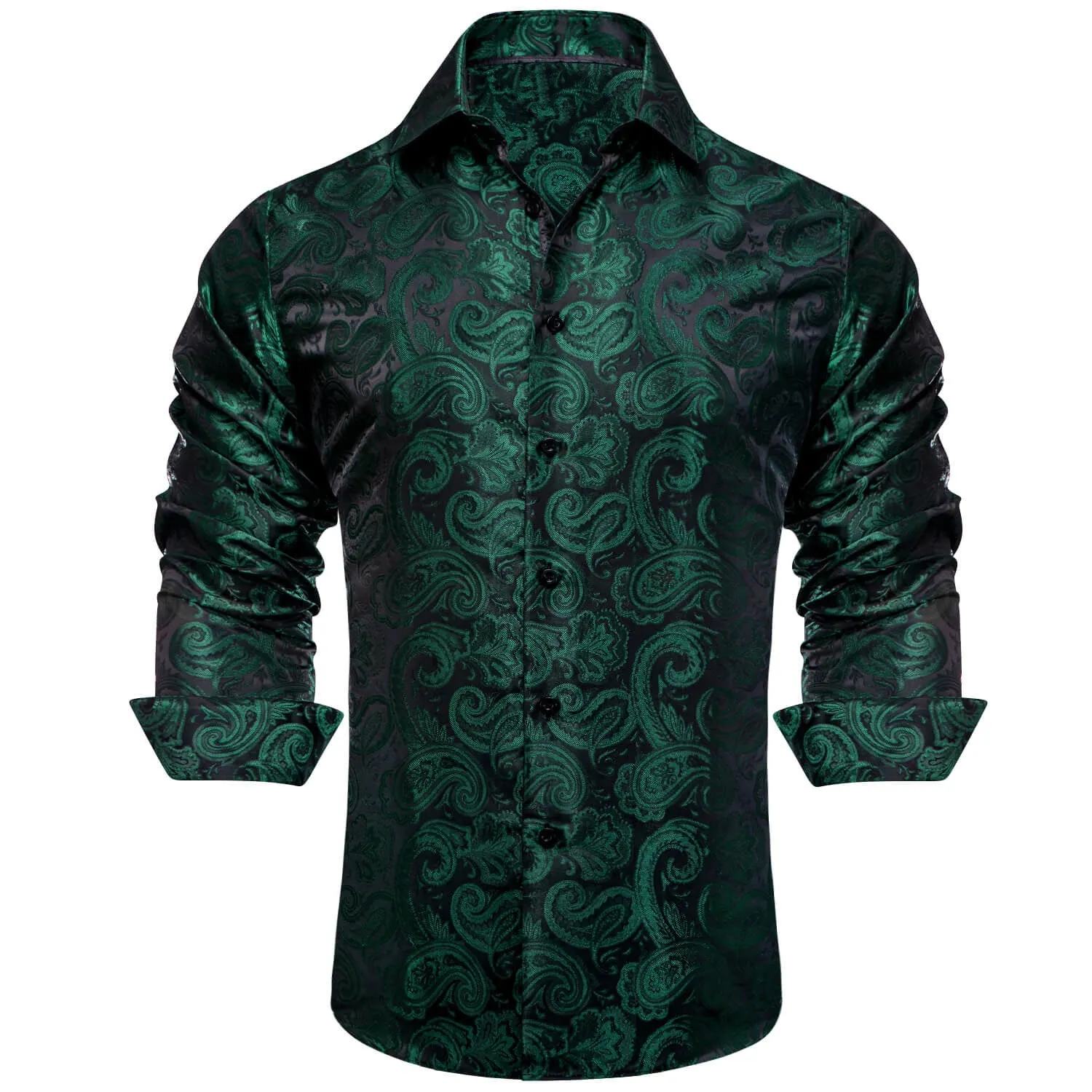 Ties2you Button Down Shirt Black Green Paisley Men's Silk Dress Shirt