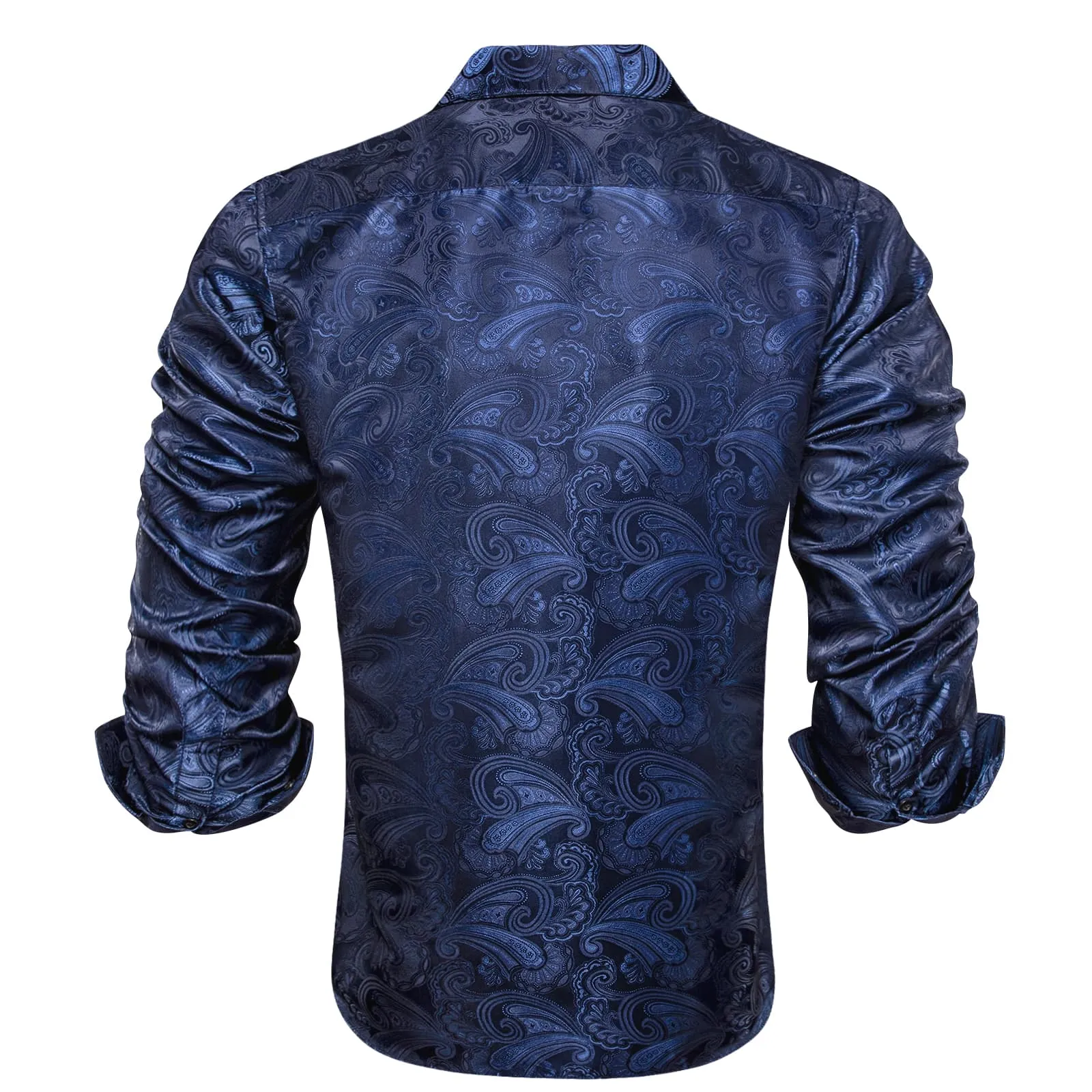 Ties2you Dress Shirt Deep Blue Paisley Silk Long Sleeve Button Up Shirt for Men