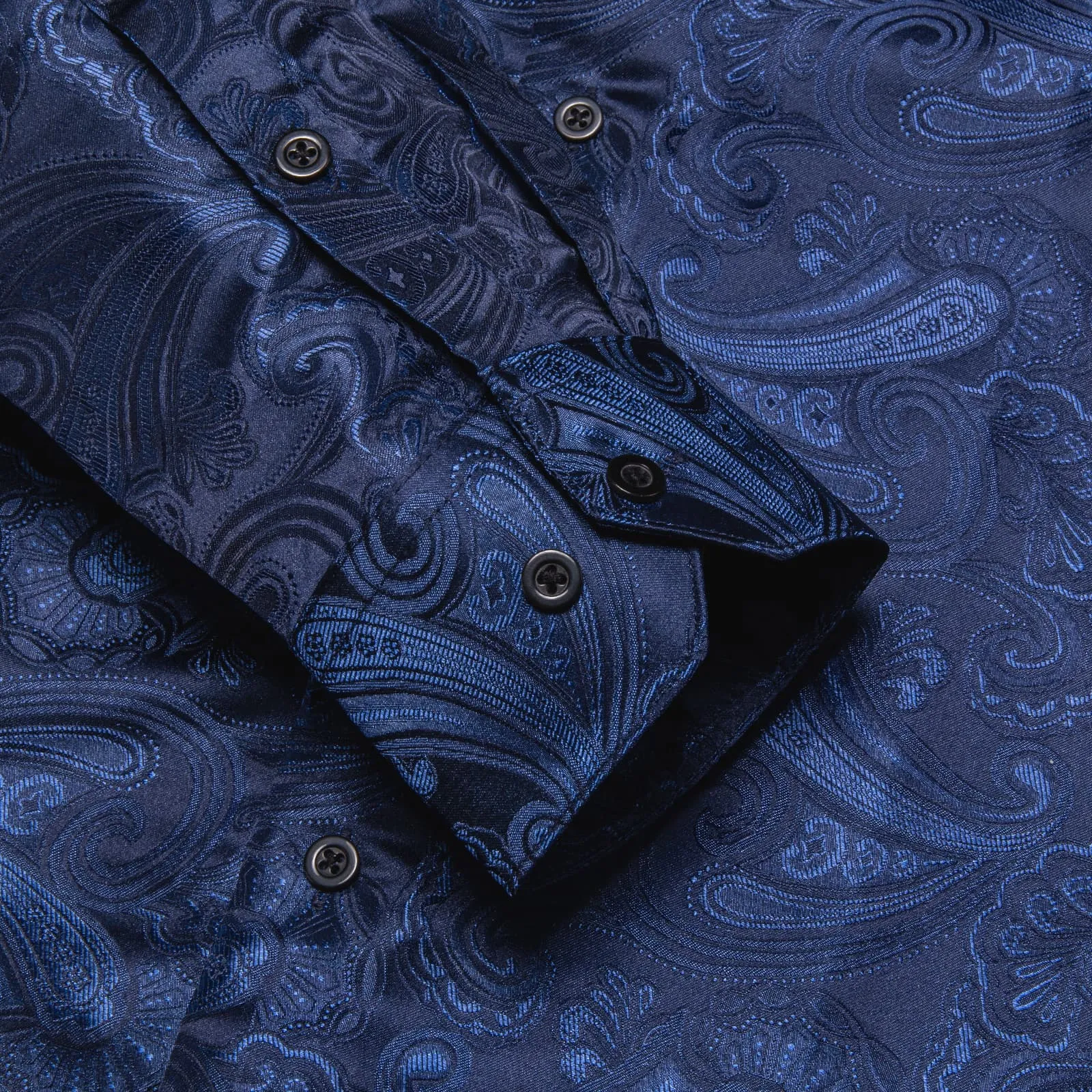 Ties2you Dress Shirt Deep Blue Paisley Silk Long Sleeve Button Up Shirt for Men