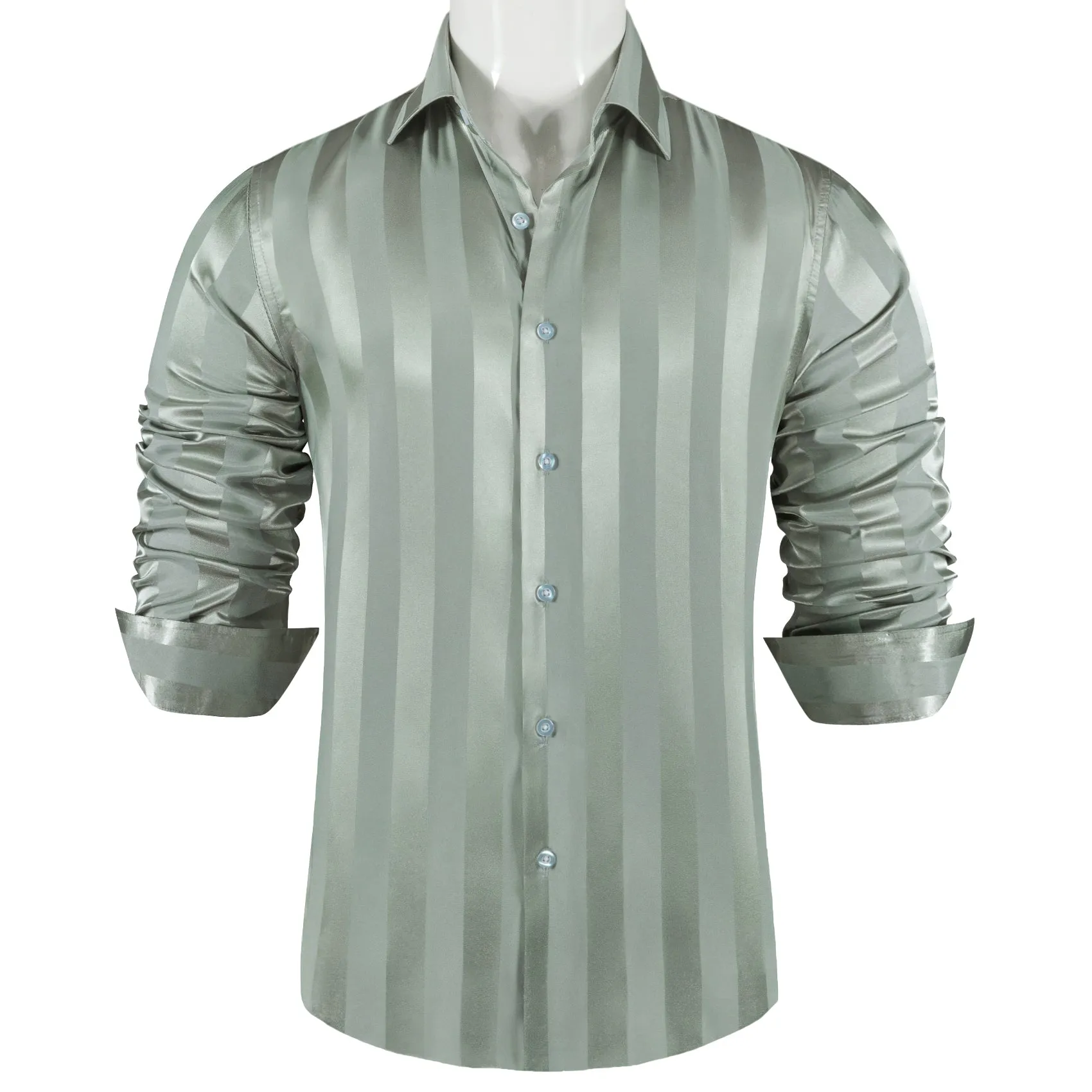 Ties2you Men's Shirt Bean Green Striped Shiny Satin Long Sleeve Shirt Casual