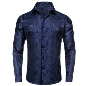 Ties2you Men's Shirt Midnight Blue Floral Silk Long Sleeve Dress Shirt